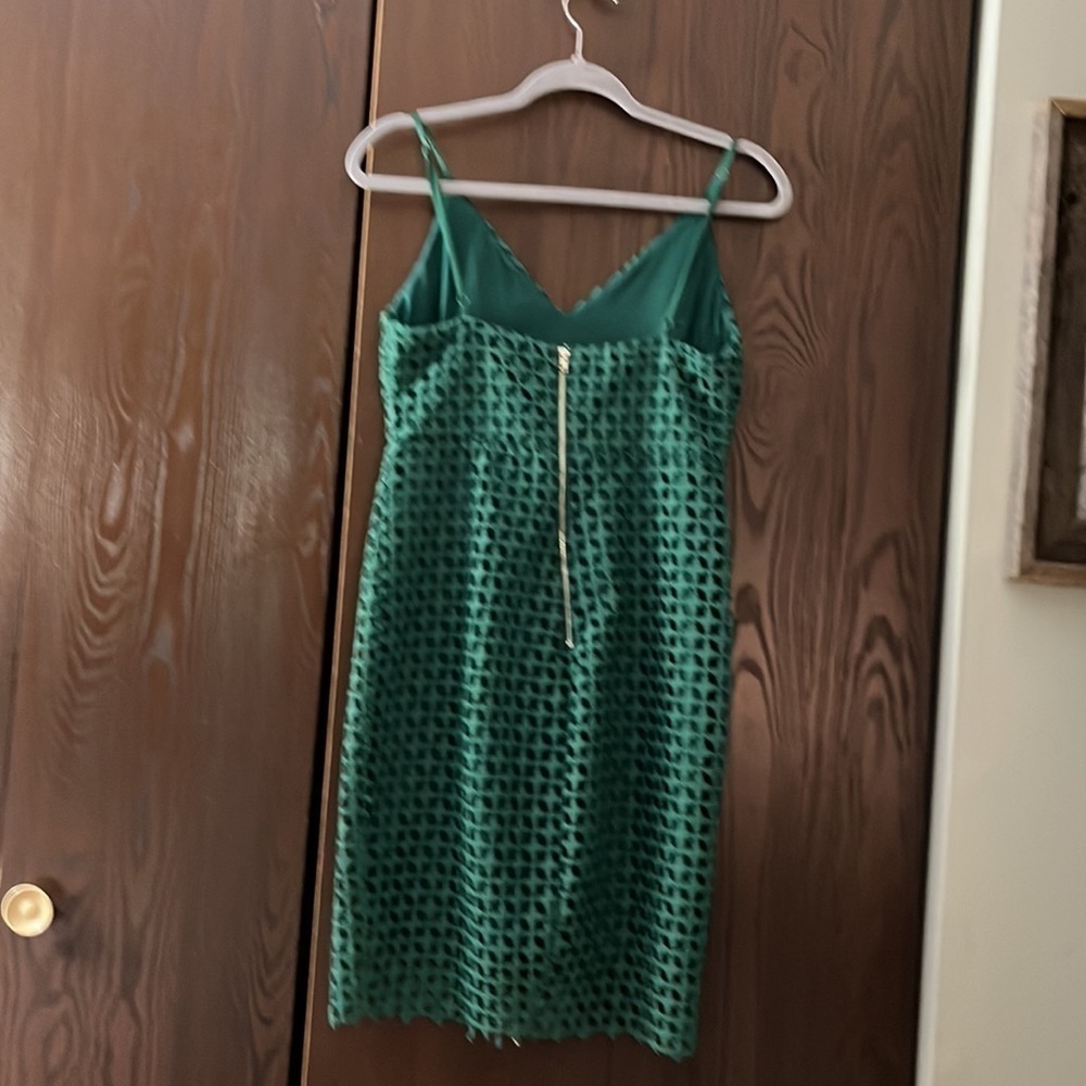 Lulus spaghetti strap dark green dress with cotton crocheted type overlay. S - Picture 7 of 10